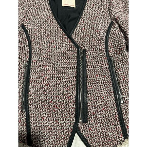 Rebecca Taylor tweed leather trim zip front biker jacket 4 - Picture 3 of 7
